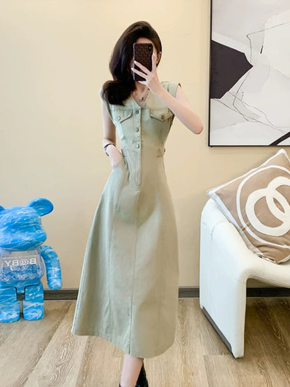 Sleeveless denim dress for women summer high-end French V-neck right-angle shoulder long skirt high-waisted slimming temperament a-line skirt