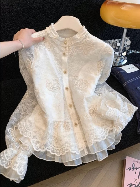 French-style high-end lace embroidered blouse for women, new spring 2026 style, unique ruffled trim, long-sleeved top.