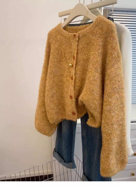 Yellow short raccoon fleece soft waxy sweater jacket women autumn and winter 2025 new lazy style cashmere knitted cardigan