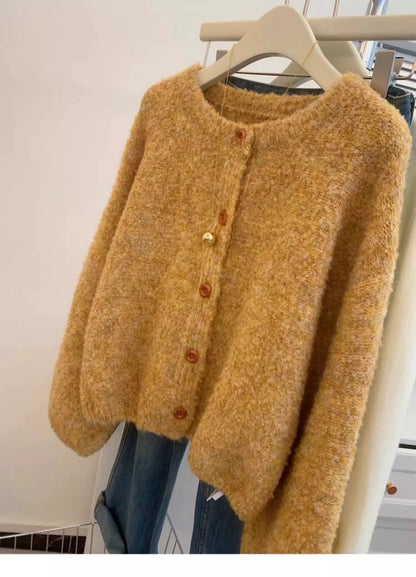 Yellow short raccoon fleece soft waxy sweater jacket women autumn and winter 2025 new lazy style cashmere knitted cardigan