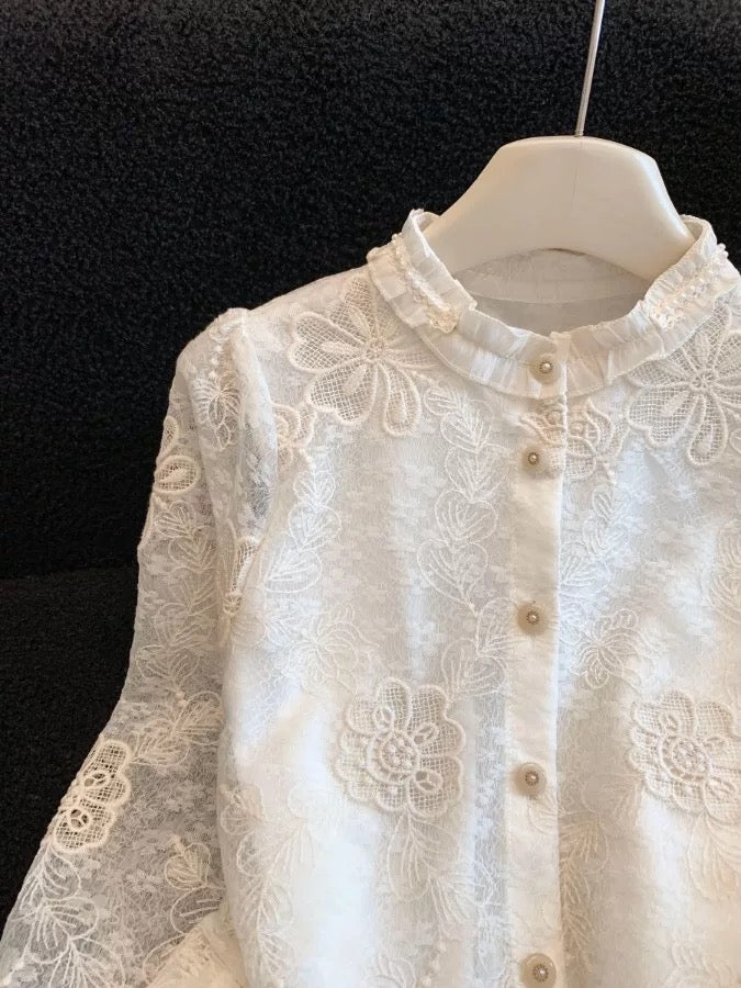 French-style high-end lace embroidered blouse for women, new spring 2026 style, unique ruffled trim, long-sleeved top.