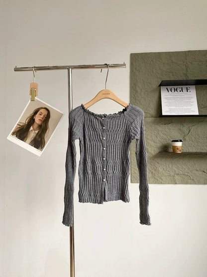 2025 Autumn/Winter New Korean Style Ins Gentle and Alluring Style Age-Reducing Slim Fit Versatile Off-Shoulder Long-Sleeve Knit Top for Women