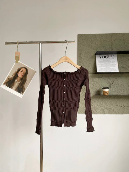 2025 Autumn/Winter New Korean Style Ins Gentle and Alluring Style Age-Reducing Slim Fit Versatile Off-Shoulder Long-Sleeve Knit Top for Women