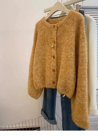 Yellow short raccoon fleece soft waxy sweater jacket women autumn and winter 2025 new lazy style cashmere knitted cardigan