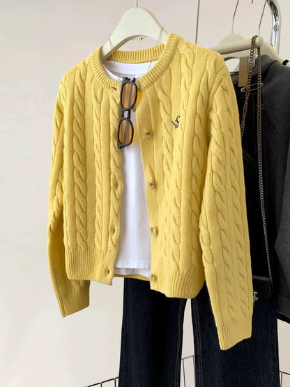 Yellow twist short knitted cardigan women's spring and autumn small lazy soft wool sweater jacket top