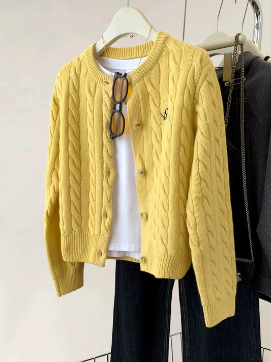 Yellow twist short knitted cardigan women's spring and autumn small lazy soft wool sweater jacket top