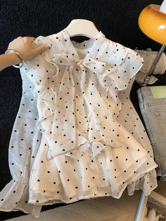 A must-have for myself~ French-style polka dot blouse with bow, new spring 2026 style, unique ruffled top for women.