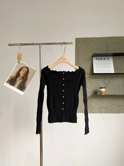 2025 Autumn/Winter New Korean Style Ins Gentle and Alluring Style Age-Reducing Slim Fit Versatile Off-Shoulder Long-Sleeve Knit Top for Women