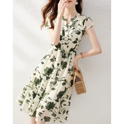 White-collar brother new 2024 summer new style small high-end V-neck temperament floral chiffon short-sleeved dress