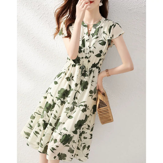White-collar brother new 2024 summer new style small high-end V-neck temperament floral chiffon short-sleeved dress