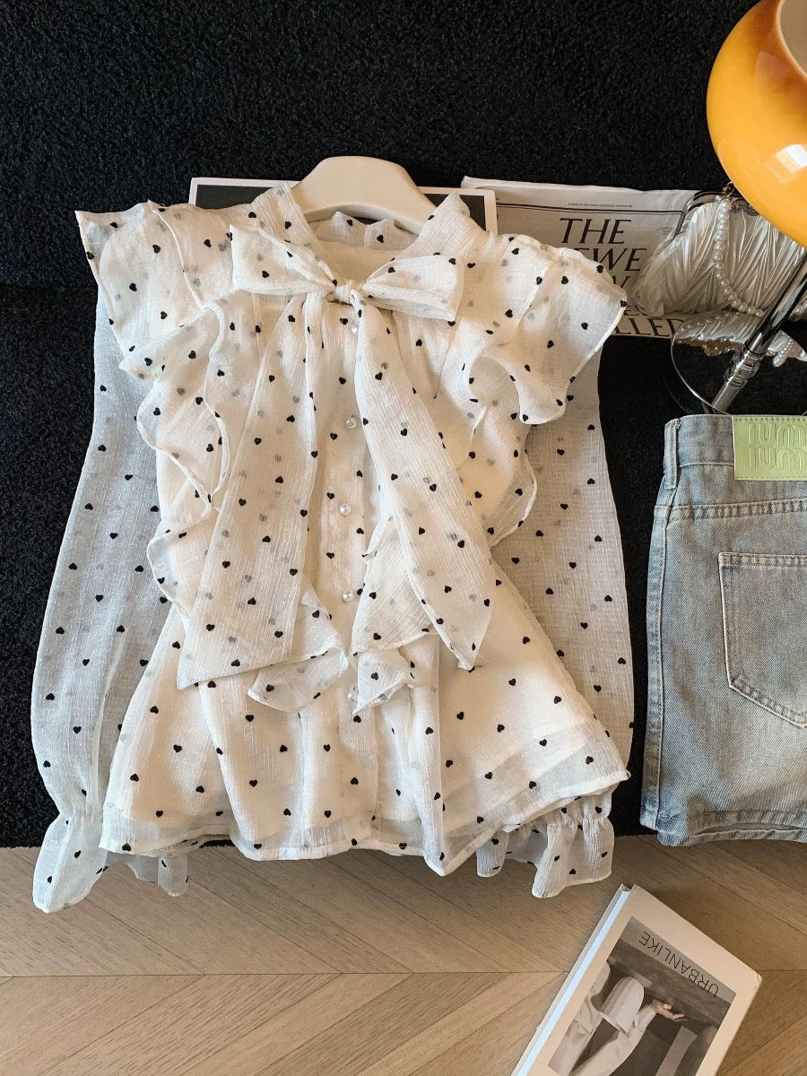 A must-have for myself~ French-style polka dot blouse with bow, new spring 2026 style, unique ruffled top for women.