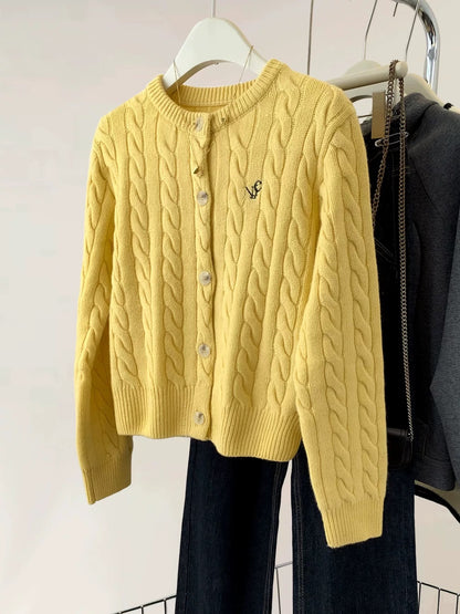 Yellow twist short knitted cardigan women's spring and autumn small lazy soft wool sweater jacket top