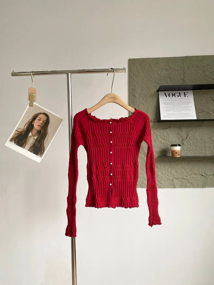2025 Autumn/Winter New Korean Style Ins Gentle and Alluring Style Age-Reducing Slim Fit Versatile Off-Shoulder Long-Sleeve Knit Top for Women