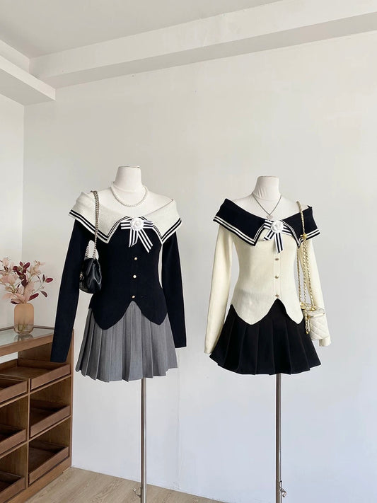 2025 Autumn New Korean Style Elegant Color Block Sailor Collar Knitted Long Sleeve Women's Stylish Three-Dimensional Floral Slim Fit Top