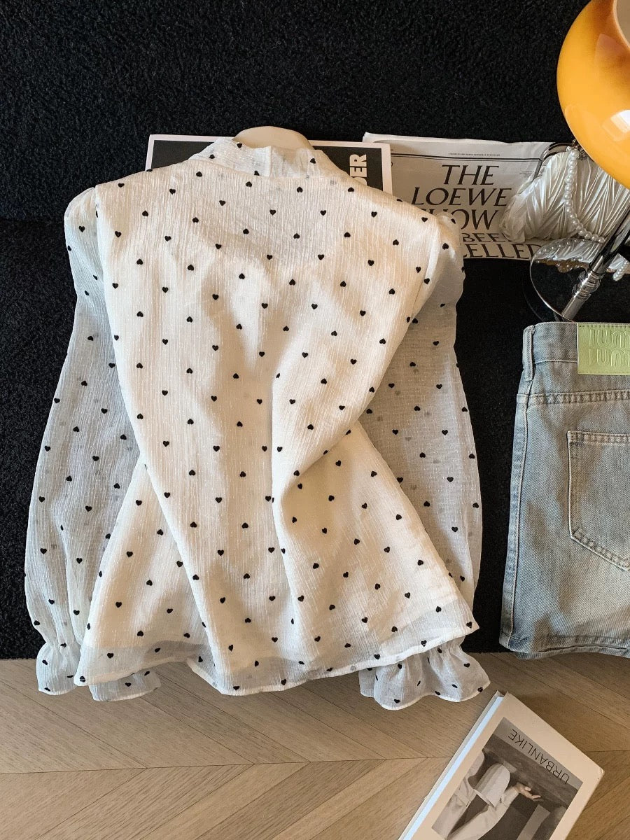 A must-have for myself~ French-style polka dot blouse with bow, new spring 2026 style, unique ruffled top for women.