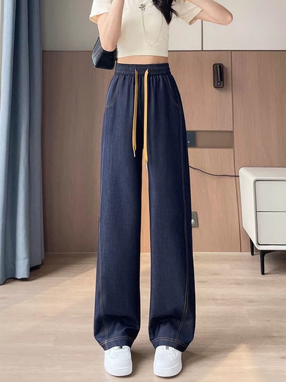 Tencel jeans women's summer thin new high waist drape straight loose ice silk narrow version wide leg pants casual pants