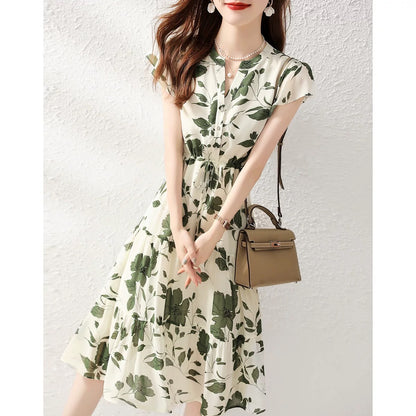 White-collar brother new 2024 summer new style small high-end V-neck temperament floral chiffon short-sleeved dress
