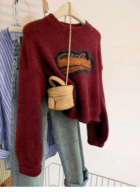 Red pullover sweater women's autumn and winter American retro short style Chinese New Year Zodiac Year small size knitted bottoming shirt