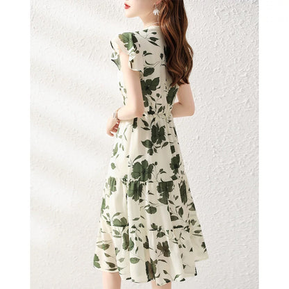 White-collar brother new 2024 summer new style small high-end V-neck temperament floral chiffon short-sleeved dress