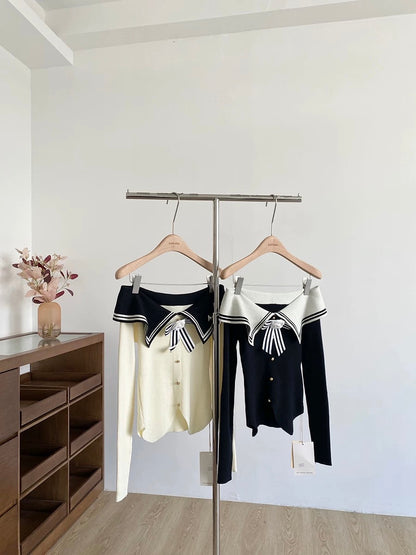 2025 Autumn New Korean Style Elegant Color Block Sailor Collar Knitted Long Sleeve Women's Stylish Three-Dimensional Floral Slim Fit Top