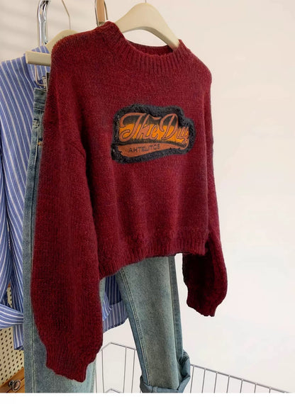 Red pullover sweater women's autumn and winter American retro short style Chinese New Year Zodiac Year small size knitted bottoming shirt