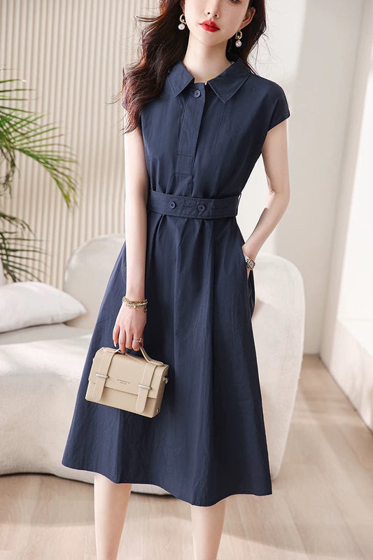 White-collar brother's new women's clothing 2024 summer French polo collar waist waist celebrity temperament shirt short-sleeved dress