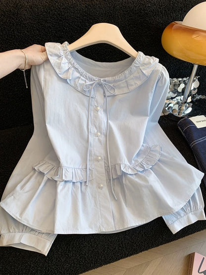 A must-have for myself~ 2026 Spring Blouse for Petite Women with Bow Tie and Ruffled Trim - Elegant Top