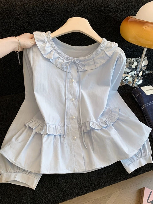 A must-have for myself~ 2026 Spring Blouse for Petite Women with Bow Tie and Ruffled Trim - Elegant Top