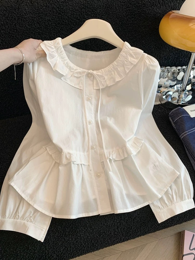A must-have for myself~ 2026 Spring Blouse for Petite Women with Bow Tie and Ruffled Trim - Elegant Top