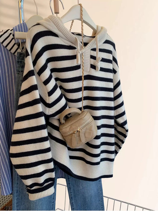Raccoon velvet striped hooded sweater women's autumn and winter thickened loose lazy European goods high-end outer wear sweater