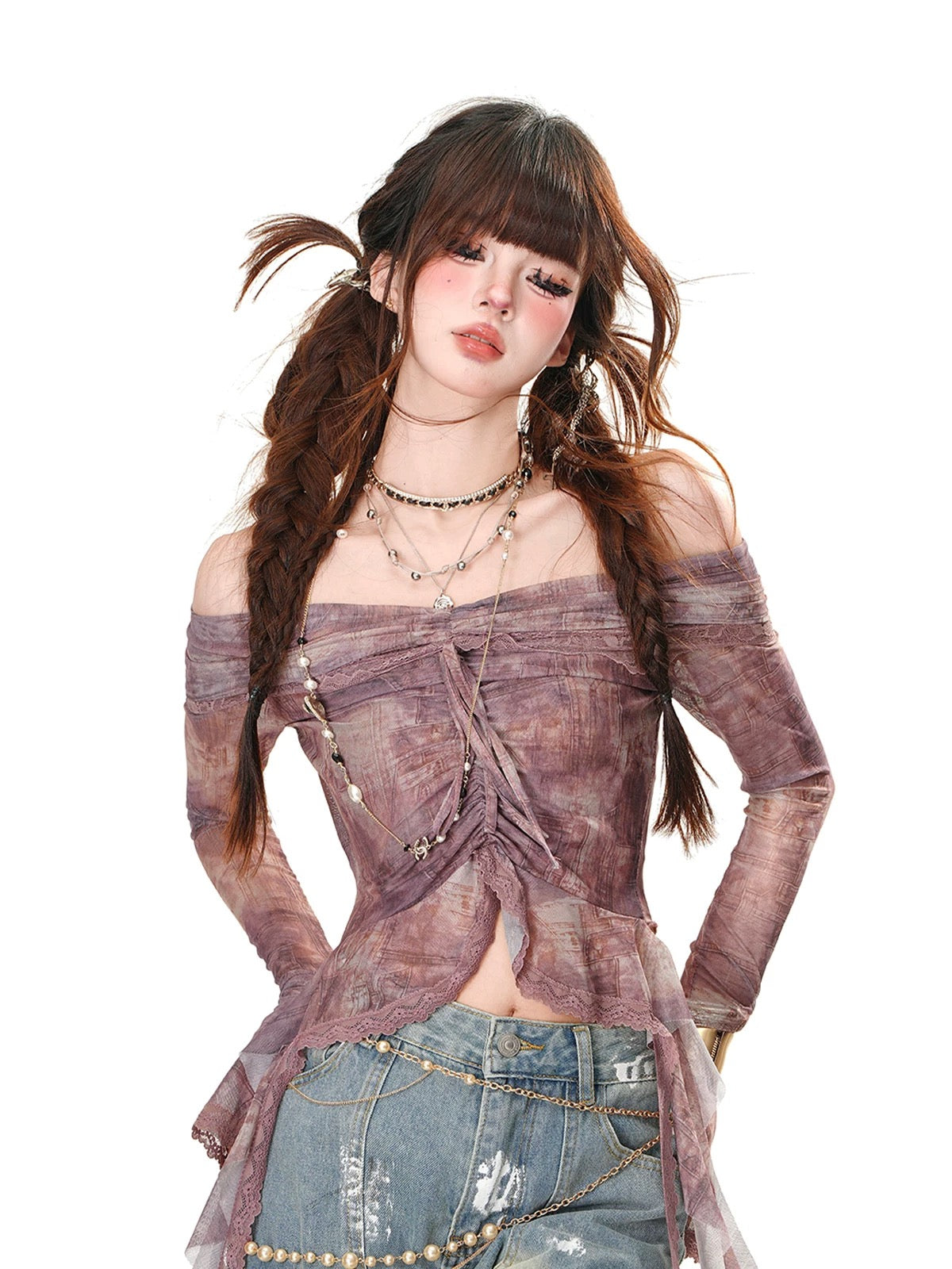 Kellykitty Gu Zao Xiao Ye one shoulder hot girl lace T-shirt female summer long sleeve slim short top