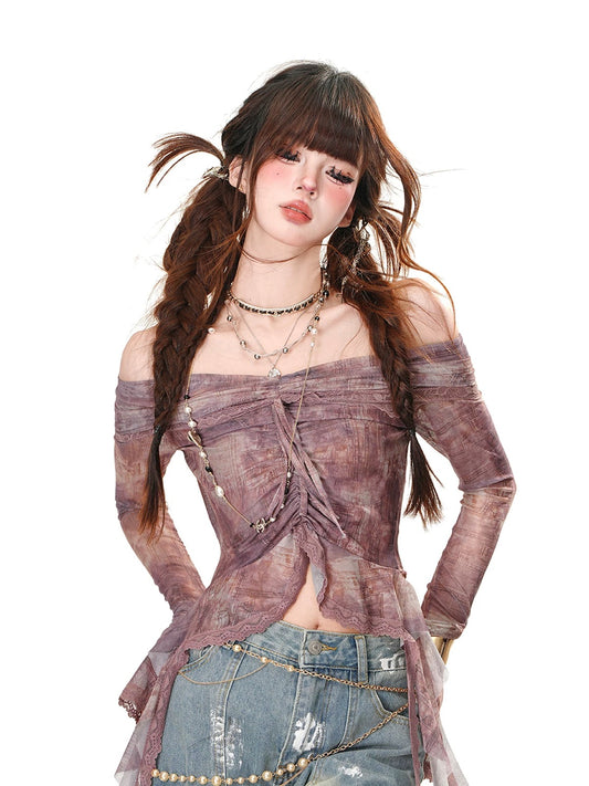Kellykitty Gu Zao Xiao Ye one shoulder hot girl lace T-shirt female summer long sleeve slim short top