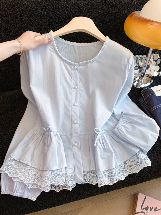 French-style sweet lace trim blue blouse for women, new spring 2026 style, chic ruffled hem long sleeve top