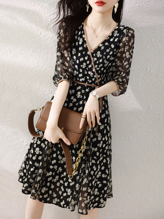 Pin Gedi's new 2024 summer women's clothing temperament V-neck floral waist slimming chiffon short-sleeved dress tea break dress