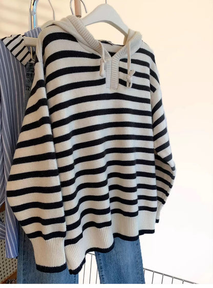 Raccoon velvet striped hooded sweater women's autumn and winter thickened loose lazy European goods high-end outer wear sweater