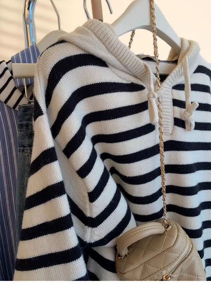 Raccoon velvet striped hooded sweater women's autumn and winter thickened loose lazy European goods high-end outer wear sweater