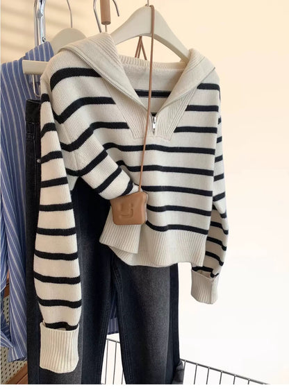 Raccoon Fleece Navy Collar Half Zipper Striped Pullover Sweater Women's Autumn and Winter Thickened Short Petite Sweater