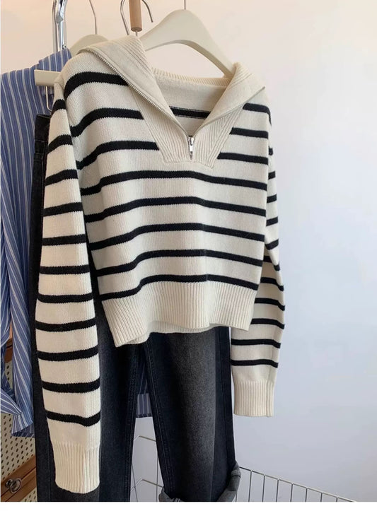 Raccoon Fleece Navy Collar Half Zipper Striped Pullover Sweater Women's Autumn and Winter Thickened Short Petite Sweater