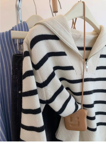Raccoon Fleece Navy Collar Half Zipper Striped Pullover Sweater Women's Autumn and Winter Thickened Short Petite Sweater