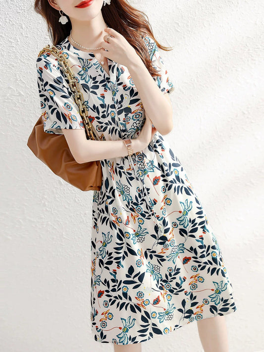 White-collar brother new 2024 summer new age-reducing French style fresh and elegant V-neck floral silk chiffon dress