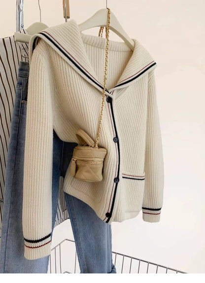 Navy collar raccoon fleece sweater jacket women spring autumn fall winter 2025 new European goods lazy style cashmere knitted cardigan