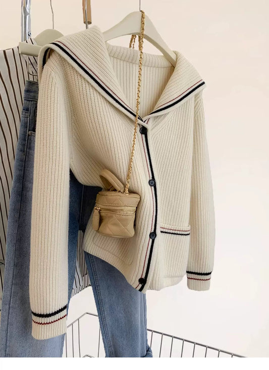 Navy collar raccoon fleece sweater jacket women spring autumn fall winter 2025 new European goods lazy style cashmere knitted cardigan