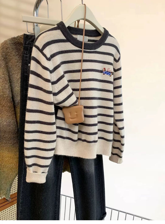 Puppy Embroidered Striped Sweater Women Autumn and Winter 2025 New Style Inner Wear Outer Wear Loose Knitted Bottoming Shirt Winter Thickening
