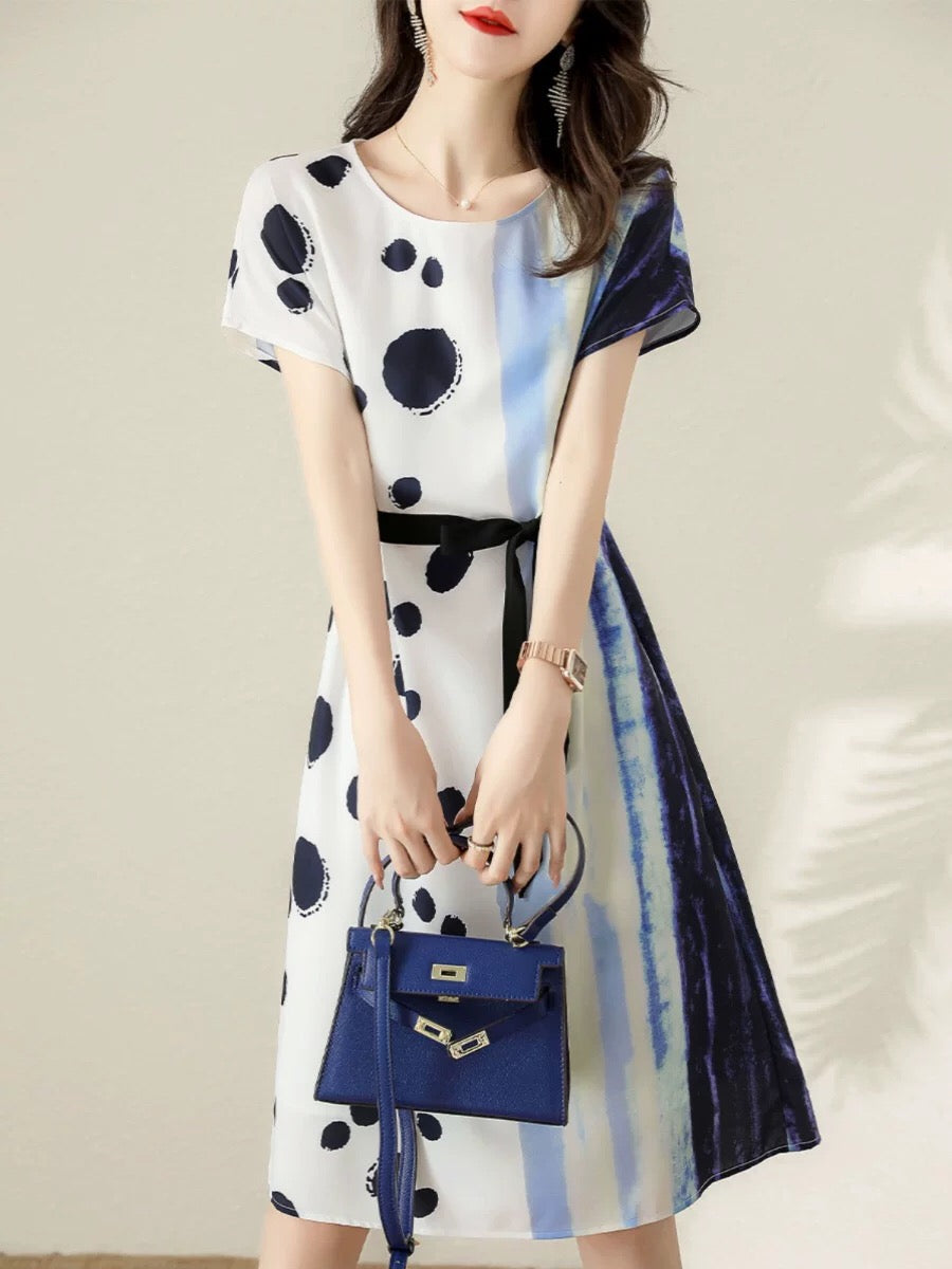 Authentic white-collar brother new 2024 summer new round neck printed splicing chiffon mid-length dress for women