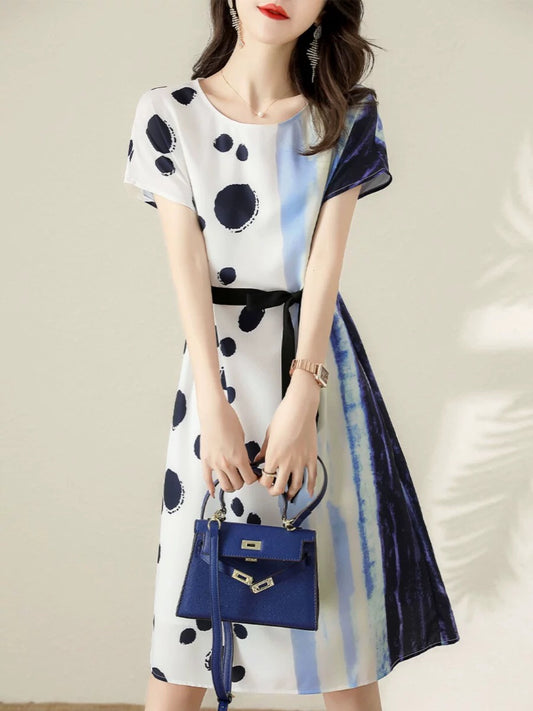 Authentic white-collar brother new 2024 summer new round neck printed splicing chiffon mid-length dress for women