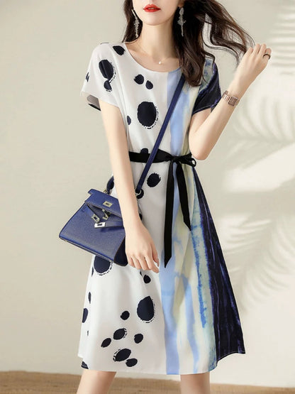 Authentic white-collar brother new 2024 summer new round neck printed splicing chiffon mid-length dress for women