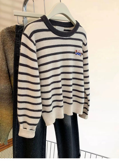 Puppy Embroidered Striped Sweater Women Autumn and Winter 2025 New Style Inner Wear Outer Wear Loose Knitted Bottoming Shirt Winter Thickening
