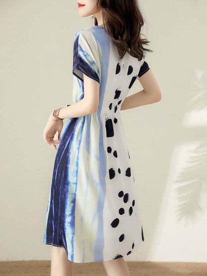 Authentic white-collar brother new 2024 summer new round neck printed splicing chiffon mid-length dress for women