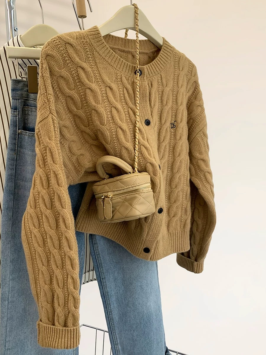 Maillard Twist Embroidery Wool Knitted Cardigan Women Autumn Winter 2025 New Lazy Style Short Sweater Jacket