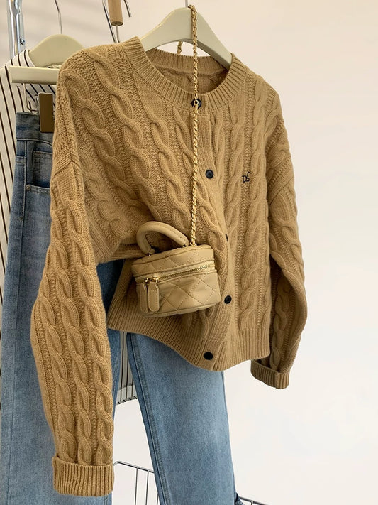 Maillard Twist Embroidery Wool Knitted Cardigan Women Autumn Winter 2025 New Lazy Style Short Sweater Jacket